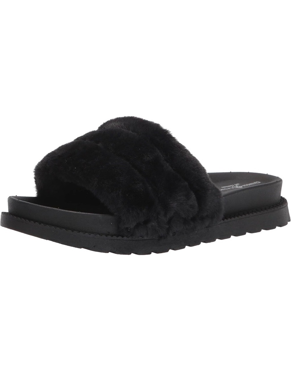 Chinese Laundry Treat Black Faux Fur Slide Sandals for Women